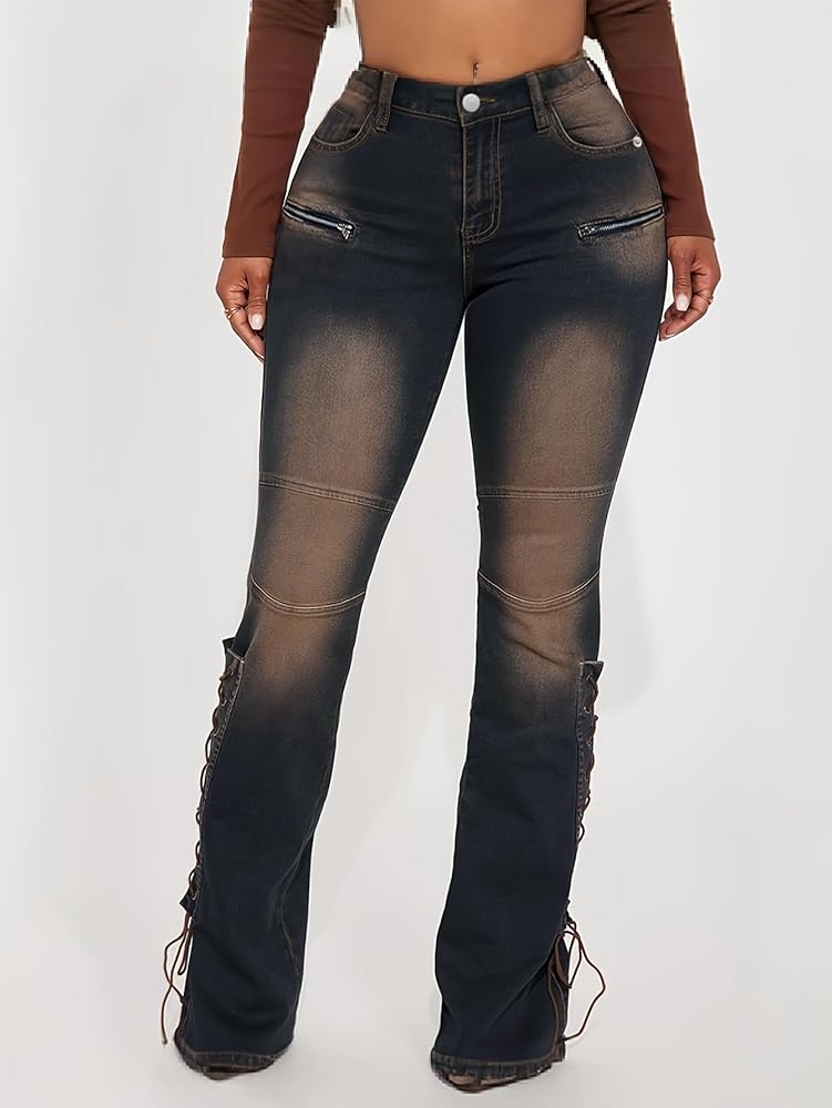 GILIPUR Women Casual Washed Cross-Tied Fitted Flared Leg
